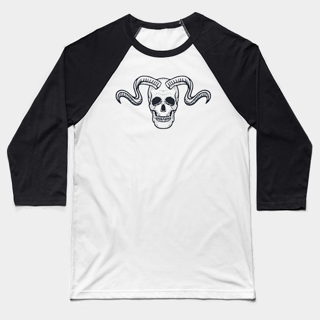Horned Skull Illustration Black White Baseball T-Shirt by Merchsides